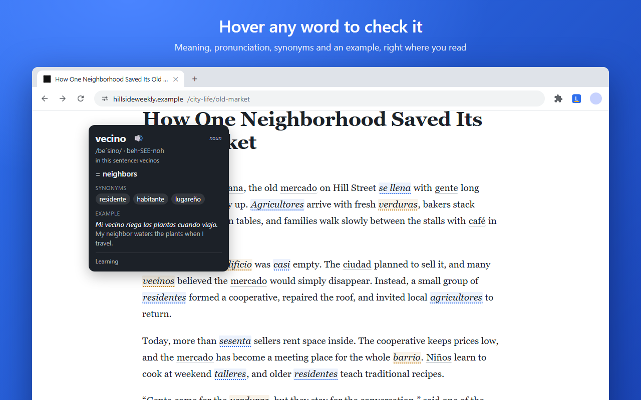 LexSwap dictionary card over a news article, showing a Spanish word with pronunciation, synonyms and an example