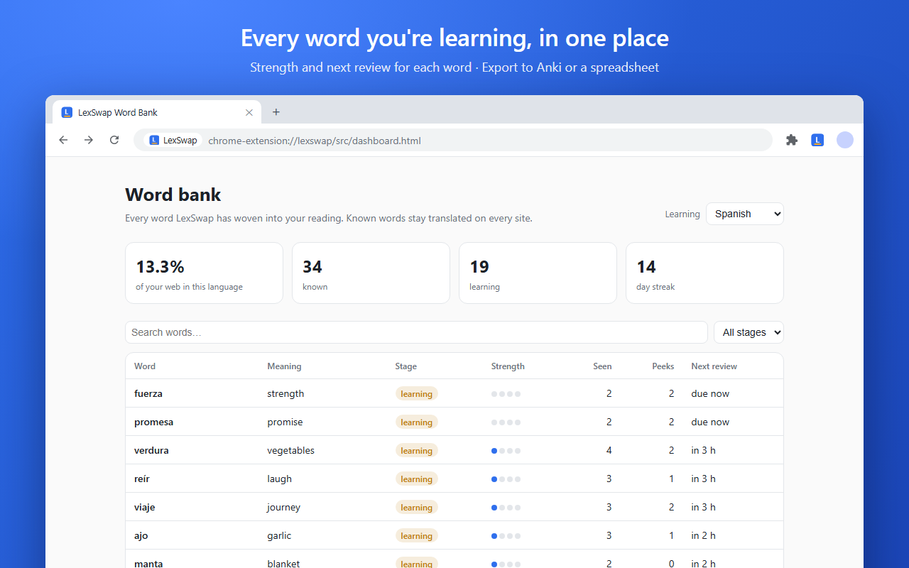 The LexSwap word bank listing learned words with their strength