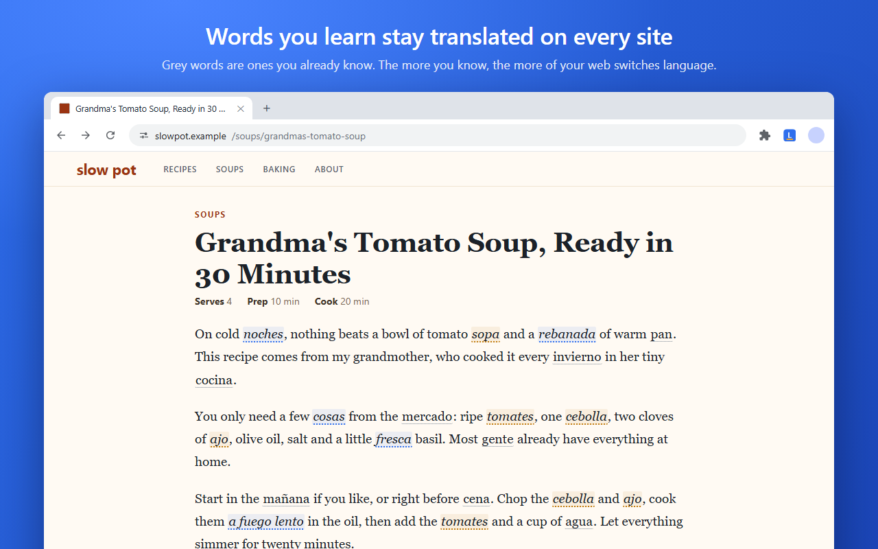 A recipe website where known words appear in Spanish